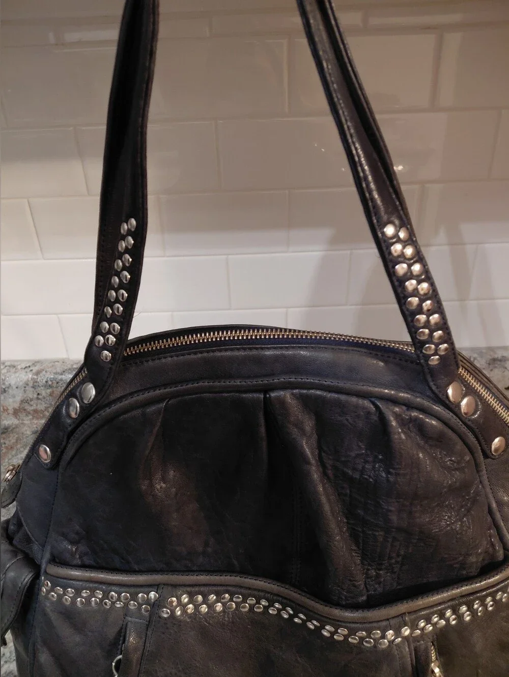 Junior Drake Charcoal Silver Studded Distressed Leather Large Hobo Bag Purse